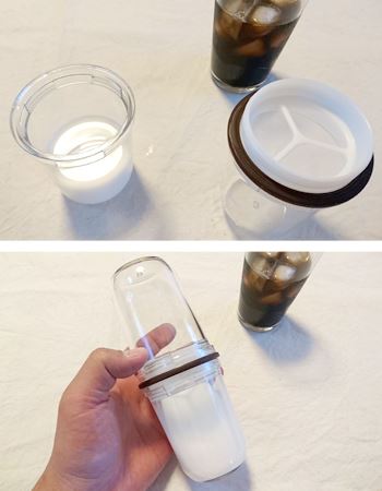 牛乳を入れたカップとフィルターをセットしたカップをしっかりと締めます