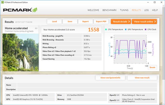 PCMark 8(Home accelerated)のスコアは1558だった