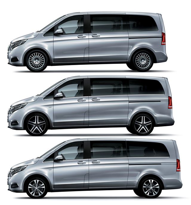 上が標準ボディで全長4905mm。中央がロングボディで全長5150mm。下が5380mmの全長を誇るエクストラロング